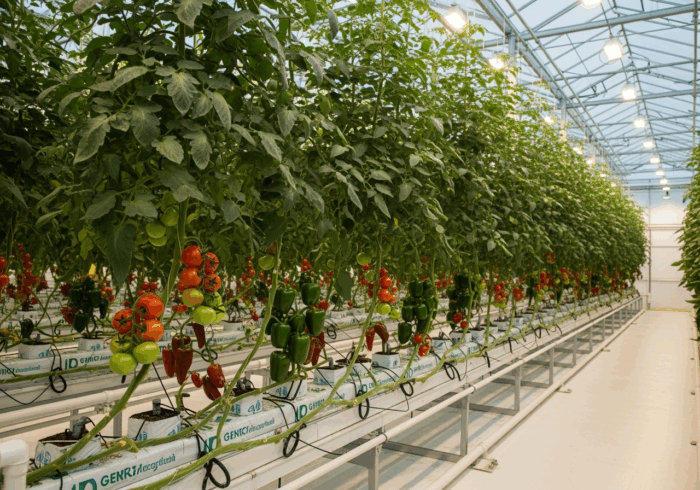 Modern üvegház kristályos műtrágya alkalmazással - egészséges paradicsom és paprika növények