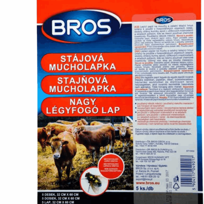 Bros Légyfogó lap Óriás 32 * 60 cm 5 db Paraméterei Cikkszám: bros4601 Kiszerelés: Gyűjtő csomagolás: nem Eltarthatóság: 2 év Származási hely: Rövid ismertetése Nagyméretű légyfogó papír, mely kicsomagolás után akár 12 hónapig is megőrzi ragacsosságát. Kifejezetten ajánljuk állattartó telepekre, istállókba, tároló helységekbe és gombafarmokra.