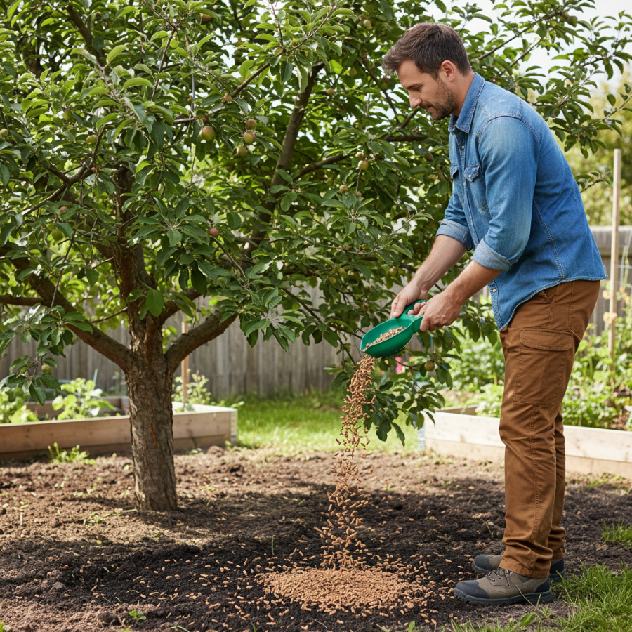 pelletált szerves trágya kiszórása gyümölcsfa alá egy kertben
