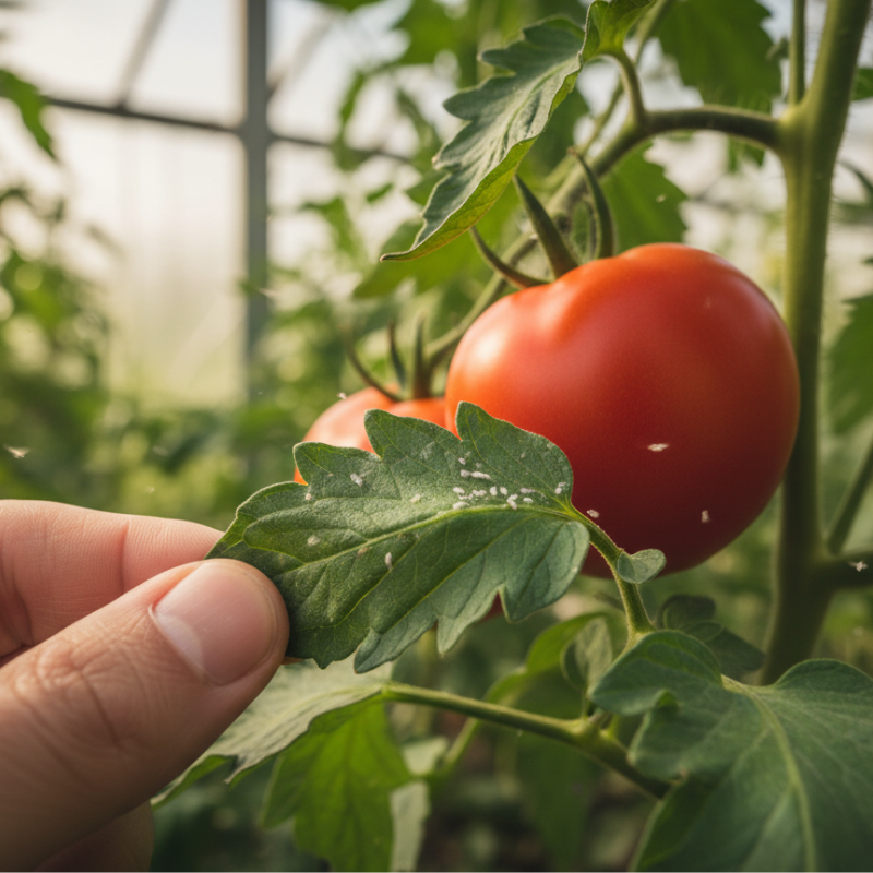 érett paradicsom üvegházban, molytetű (liszteske) kártevő a közeli leveleken
