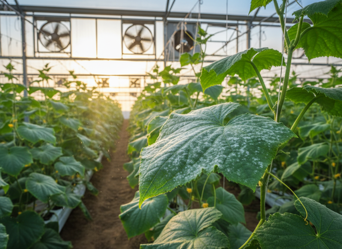 „uborka lisztharmat üvegházban – fehér bevonat a levélen”