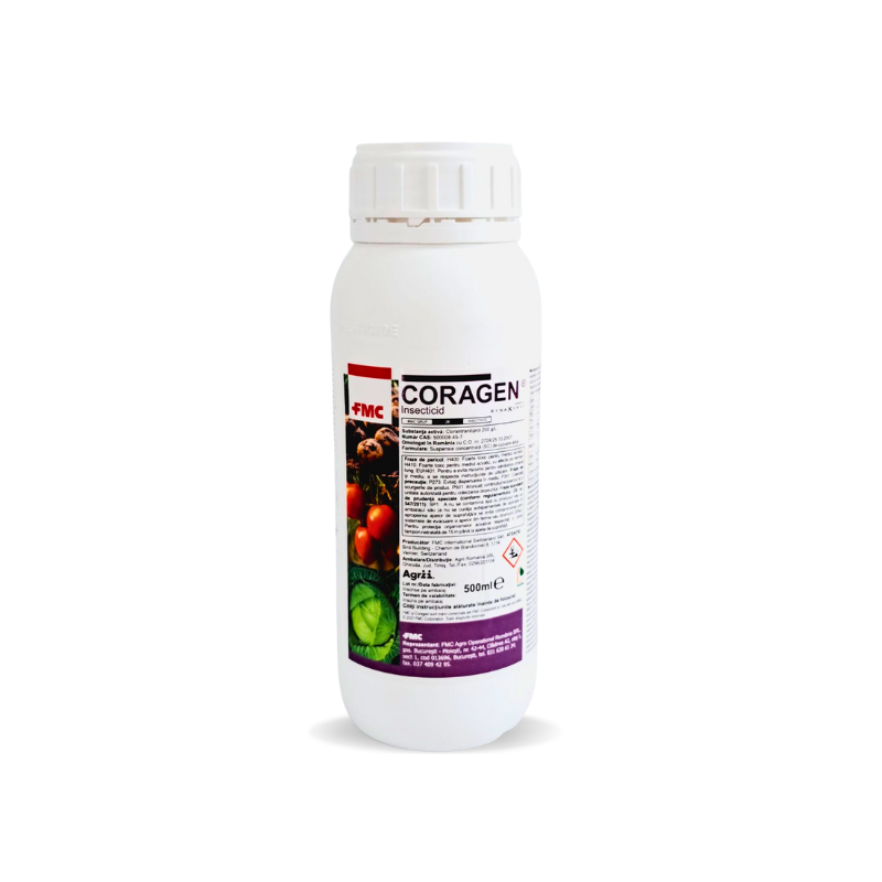 Coragen 500 ml, 200 g/l klorantraniliprol hatóanyaggal. Tojás‑ és lárvaölő hatás, gyors bénulás és táplálkozásgátlás. Almamoly, gyapottok bagolylepke, kukoricamoly, szőlőmoly ellen.